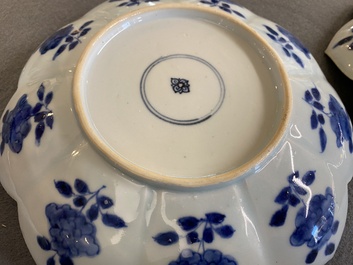 A pair of Chinese blue and white lotus-shaped 'leopard' dishes, Kangxi