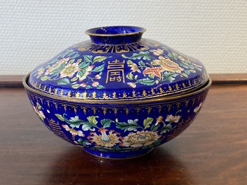 A Chinese blue-ground Canton enamel bowl and cover, Qianlong