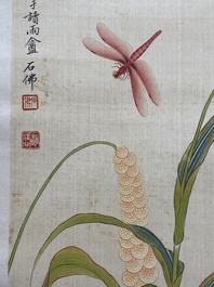 Zhao Hao 趙浩 '石佛' (1881-1949): 'Twee kwartels en insecten', inkt en kleur op zijde, gedateerd 1928