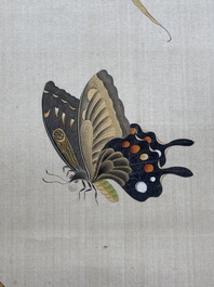 Zhao Hao 趙浩 '石佛' (1881-1949): 'Deux cailles et insectes', encre et couleurs sur soie, dat&eacute; 1928