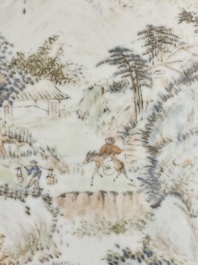 A Chinese rectangular qianjiang cai 'mountainous landscape' plaque in the style of Cheng Men, 19th C.