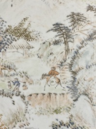 A Chinese rectangular qianjiang cai 'mountainous landscape' plaque in the style of Cheng Men, 19th C.