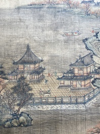 Follower of Qiu Ying 仇英 (1494-1552): 'Mountainous landscape with pavilions', ink and colour on silk, dated 1545 but probably later