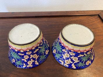 A pair of Chinese Canton enamel bowls and covers, Qianlong