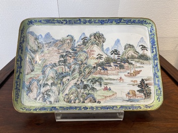 A rectangular Chinese Canton enamel 'mountain landscape' tray, Yongzheng