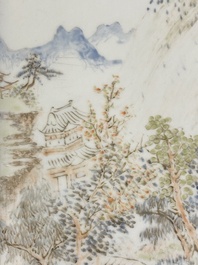 A Chinese rectangular qianjiang cai 'mountainous landscape' plaque in the style of Cheng Men, 19th C.