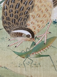 Zhao Hao 趙浩 '石佛' (1881-1949): 'Twee kwartels en insecten', inkt en kleur op zijde, gedateerd 1928