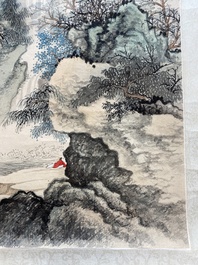 Wang Jiqian 王季遷 (1906-2003): 'Landschap met waterval', inkt en kleur op papier, gedateerd 1996