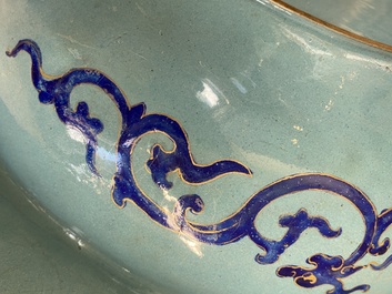 A Chinese Canton enamel turquoise-ground basin and a blue-ground dish, 18/19th C.