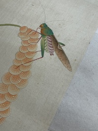 Zhao Hao 趙浩 '石佛' (1881-1949): 'Deux cailles et insectes', encre et couleurs sur soie, dat&eacute; 1928