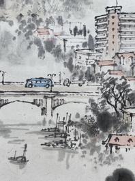 Qian Songyan 錢松嵒 (1899-1986): 'Landscape with modern buildings', ink and colour on paper, dated 1974