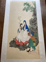Toegeschreven aan Ren Xun 任薰 (1835-1893): 'Bodhisattva met dienaars', inkt en kleur op papier