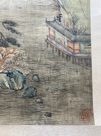 Follower of Qiu Ying 仇英 (1494-1552): 'Mountainous landscape with pavilions', ink and colour on silk, dated 1545 but probably later