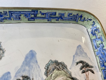 A rectangular Chinese Canton enamel 'mountain landscape' tray, Yongzheng