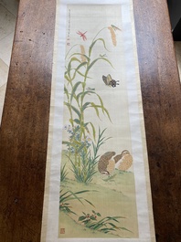 Zhao Hao 趙浩 '石佛' (1881-1949): 'Twee kwartels en insecten', inkt en kleur op zijde, gedateerd 1928