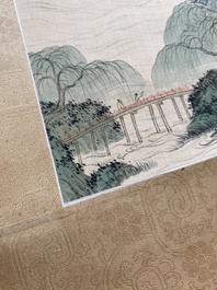 Attributed to Pu Xinyu 溥心畬 (1896-1963): 'Landscape with scholars under the willow', ink and colour on silk