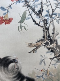 Suiveur de Wang Xuetao 王雪濤 (1903-1982) : 'Chat et mante', encre et couleurs sur papier, dat&eacute; 1945