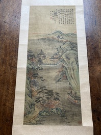 Suiveur de Qiu Ying 仇英 (1494-1552) : 'Paysage montagneux aux pavillons', encre et couleurs sur soie, dat&eacute; 1545 mais probablement post&eacute;rieur