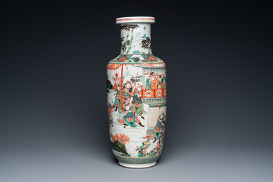 A fine Chinese famille verte 'Romance of the Three Kingdoms' rouleau vase, Kangxi