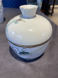 A square Chinese famille verte vase, two famille rose vases and a covered bowl, 19th C.