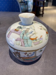 A square Chinese famille verte vase, two famille rose vases and a covered bowl, 19th C.