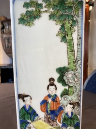 A square Chinese famille verte vase, two famille rose vases and a covered bowl, 19th C.