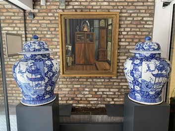 An exceptionally large pair of Chinese blue and white vases and covers, 19/20th C.