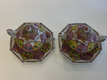 A pair of Chinese octagonal famille rose teapots on stands, Yongzheng