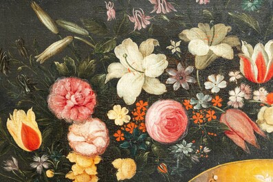 Philips de Marlier (1595-1668) &amp; workshop of Frans Francken II (1581-1642): 'The wedding of the Virgin' in an oval floral medallion, oil on canvas