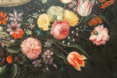 Philips de Marlier (1595-1668) &amp; atelier van Frans Francken II (1581-1642): 'Het huwelijk van de Maagd Maria' met bloemenkrans, olie op doek