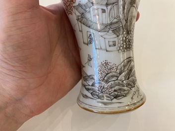 A Chinese grisaille garniture of five 'landscape' vases, Yongzheng
