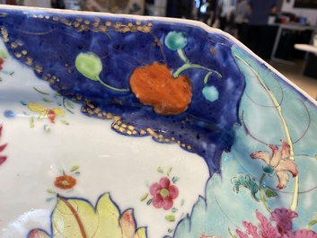A large Chinese octagonal famille rose 'tobacco leaf' dish, Qianlong