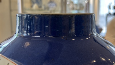 A Chinese famille verte powder-blue-ground vase and a cloisonn&eacute; rouleau vase, 19th C.