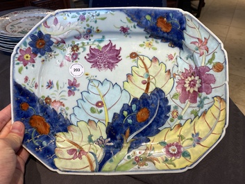 A Chinese octagonal famille rose 'tobacco leaf' dish, Qianlong