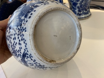 Three Chinese blue and white vases and a monochrome red vase, 19th C.