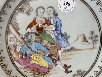 A pair of fine Chinese famille rose plates with a musician playing in front of a couple, Qianlong