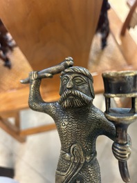 A rare bronze 'wild man' candlestick, Flanders or Germany, 15/16th C.