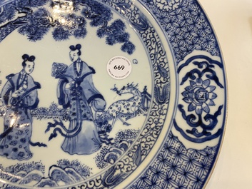 A Chinese blue and white dish with two ladies in a garden, Yonzgheng