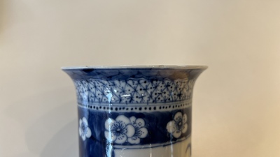 A Chinese blue and white garniture of five vases, Kangxi mark, 19th C.