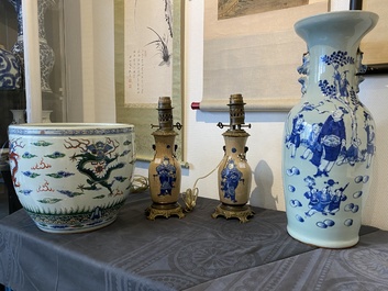 A Chinese blue and white celadon-ground vase, a pair of Nanking vases and a famille verte fish bowl, 19th C.