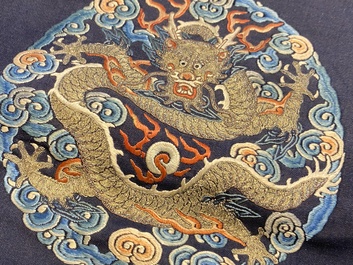 A Chinese gold- and silver-thread-embroidered silk panel with dragons, Qing