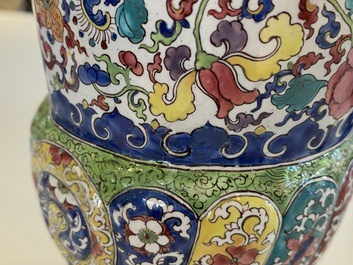 A Chinese Canton enamel helm-shaped ewer with shell-shaped basin, Yongzheng/Qianlong