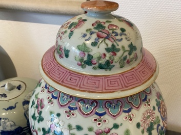 Three Chinese famille rose vases, a hat stand and a blue and white celadon-ground jar and cover, 19th C.