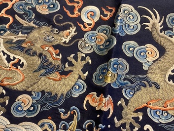 A Chinese gold- and silver-thread-embroidered silk panel with dragons, Qing