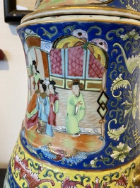 A Chinese Canton famille rose blue-ground vase and cover, 19th C.