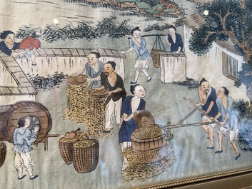 Ecole chinoise: Trois sc&egrave;nes de la production de riz, encre et couleurs sur soie, 19&egrave;me