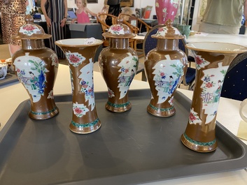 A Chinese capucin-brown-ground famille rose garniture of five vases with 'Xi Xiang Ji' design, Yongzheng