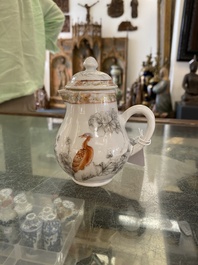 A Chinese iron-red and grisaille tea caddy and cream jug with fine pheasants, Yongzheng