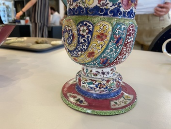 A Chinese Canton enamel helm-shaped ewer with shell-shaped basin, Yongzheng/Qianlong