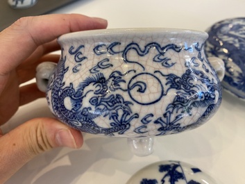 Two Chinese blue and white seal paste boxes and a tripod censer, 19/20th C.